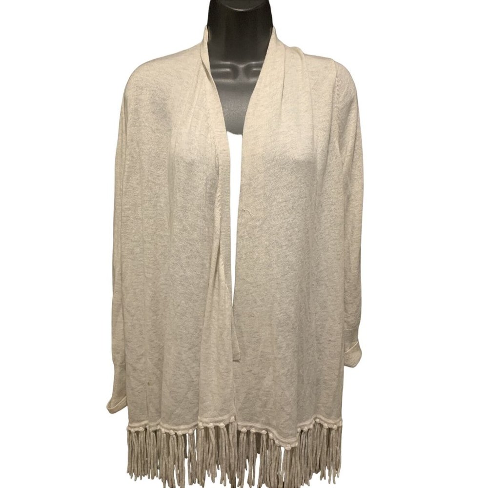 Etcetera womens cardigan sweater size S tan knit fringe draped open front casual